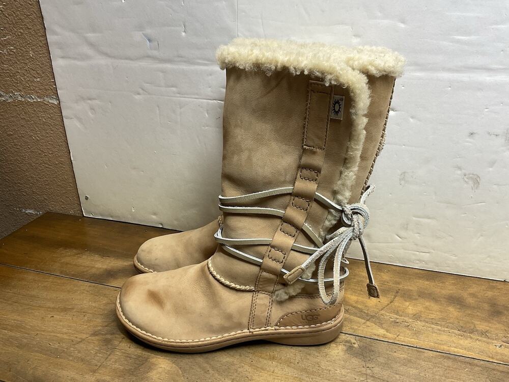 UGG Australia Catalina 1634 Tall Shearling Leather Wrap Lace Womens 8 Tan Boot